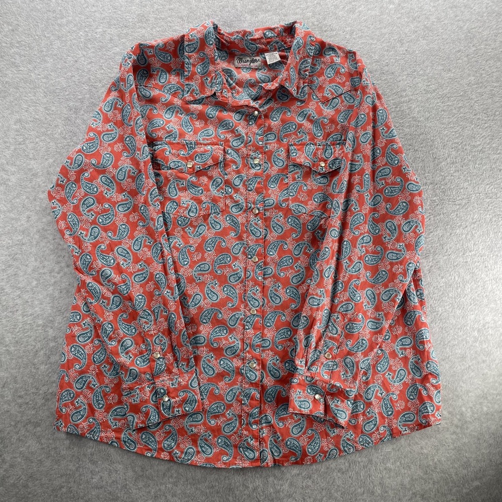 Wrangler Rancher Western Shirt Womens 2XL Coral Blue Paisley Cowboy Pearl Snap
